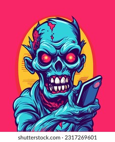 zombie playing a phone hand drawn illustration
