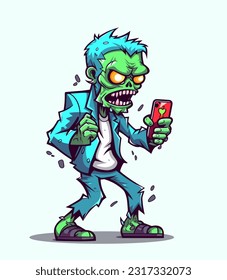 zombie playing a phone hand drawn illustration