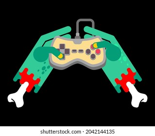 Zombie plays on gamepad. Zombie hands and joystick