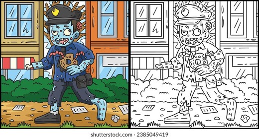 Zombie Police Coloring Page Colored Illustration