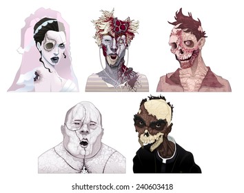 Retratos zombis. Caracteres aislados de horror y vector.