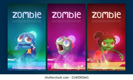 Zombie posters with creepy undead characters. Vector banners of scary monsters with cartoon illustration of night landscape with angry dead woman and men with dangling arms