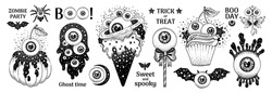 Zombie Psychedelic Halloween Candy. Eyeball Sketch Icon. Hand Drawn Sweet Vintage Vector. Doodle Retro Eye Bar. Ice Cream, Lollipop, Gummy, Chocolate, Toffee. Ghost And Witch Halloween Kid Candy Art