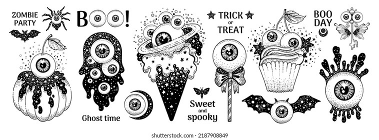 Zombie psychedelic Halloween candy. Eyeball sketch icon. Hand drawn sweet vintage vector. Doodle retro eye bar. Ice cream, lollipop, gummy, chocolate, toffee. Ghost and witch Halloween kid candy art svg