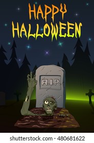 Zombie pulls hand up. Invitation Happy Halloween party vector illustration
