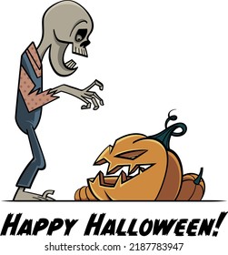 Zombie and pumpkin - happy Halloween holiday image. Scary and spooky characters, illustration for greeting card. Isolated on white background.