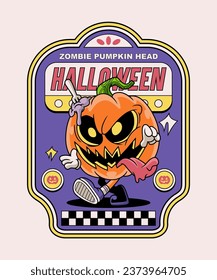 Zombie Pumpkin Head Halloween. Spooky Horror Cartoon On Art Deco Illustration Style.