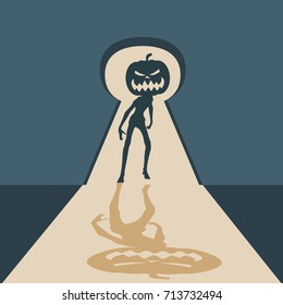 Zombie with pumpkin head silhouette comes into the house through keyhole. Shadows in dark room. Halloween theme background.