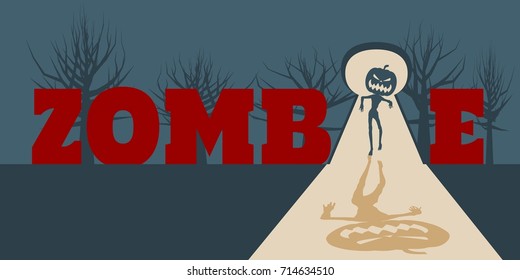 Zombie with pumpkin head silhouette comes into the house through keyhole from night forest. Shadows in dark room. Halloween theme background. Zombie red word