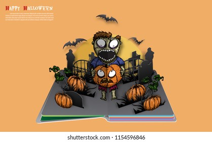 Zombie with pumpkin on halloween night. Halloween pop up book from vector.