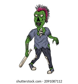 zombie punk character illustration carrying a baseball bat