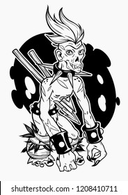 Zombie punk. Tattoo art, graphic, t-shirt design, postcard, poster design, coloring books, card. Vector illustration.
