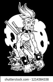 Zombie punk. Tattoo art, graphic, t-shirt design, postcard, poster design, coloring books, card. Vector illustration.