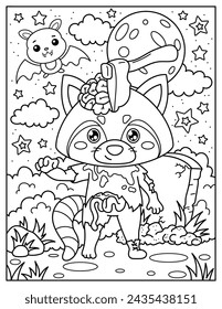 Zombie raccoon in the cemetery, bat.Coloring book for children. Coloring book for adults. Halloween.