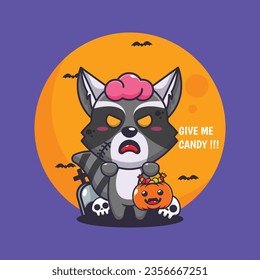 Zombie raccoon want candy. Cute halloween cartoon illustration. 