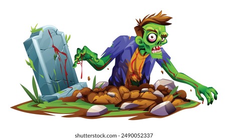 Zombie with ragged clothes rising from the ground near a tombstone. Vector cartoon illustration