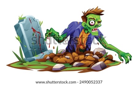 Zombie with ragged clothes rising from the ground near a tombstone. Vector cartoon illustration