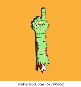 Zombie raise hand and show vote with point finger in cartoon green zombie style