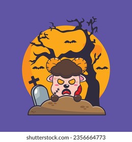 Zombie ram sheep rise from graveyard in halloween day. Cute halloween cartoon illustration. 