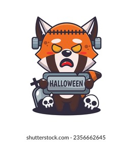 Zombie red panda holding halloween greeting stone. Cute halloween cartoon illustration. 