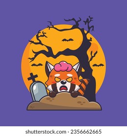 Zombie red panda rise from graveyard in halloween day. Cute halloween cartoon illustration. 