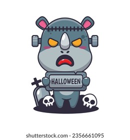 Zombie rhino holding halloween greeting stone. Cute halloween cartoon illustration. 
