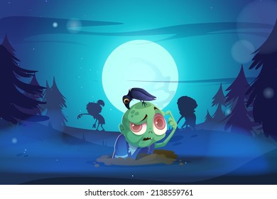 Zombie rise from the grave Halloween creepy scene. Funny cartoon character with crow on head sit in pit at deep night forest with spooky monster silhouettes at midnight background, Vector illustration