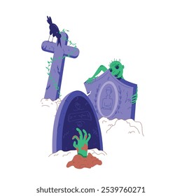 Zombie Rising from Grave in Cemetery with Raven and Cross, Halloween Scene