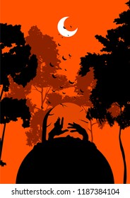 zombie rising from grave in the forest vector Halloween poster, illustration