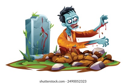 Zombie rising from the ground near a tombstone, vector cartoon illustration