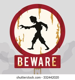 Zombie in the road on rusty warning sign.