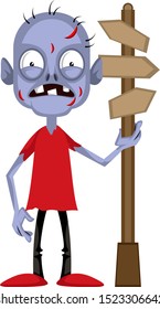 Zombie with road sign, illustration, vector on white background.