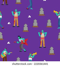 Zombie rock concert at graveyard pattern seamless. Zombies rock band. Zombie and guitar. walking dead and drum. zombi and trumpet