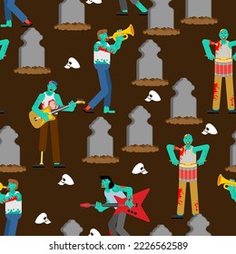 Zombie rock concert at graveyard pattern seamless. Zombies rock band. Zombie and guitar. walking dead and drum. zombi and trumpet