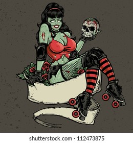 Zombie Roller Derby Pinup Holding Skull. Vector illustration of a sexy zombie roller derby pin-up girl holding a skull and sitting in a bed of red roses atop a blank banner with two areas for copy.