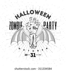 Zombie rotten hand with bat wings - halloween line art vector illustration