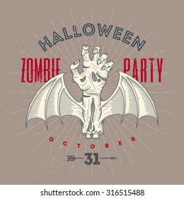 Zombie rotten hand with bat wings - Halloween line art vector illustration