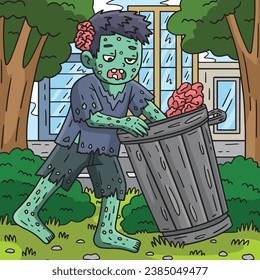 Zombie Rummaging a Trash Can Colored Cartoon 