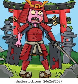 Zombie Samurai Colored Cartoon Illustration