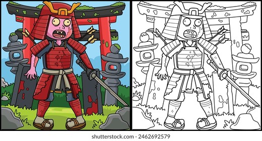 Zombie Samurai Coloring Page Colored Illustration