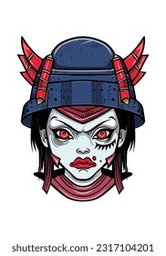 zombie samurai girl hand drawn logo design illustration