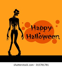 Zombie Scary Cartoon Character Happy Halloween Banner Walking Dead Man Body Skeleton Flat Vector Illustration