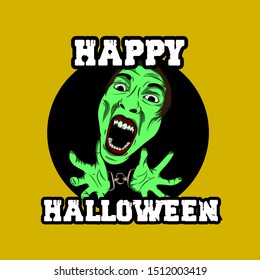 a zombie with a scary face and handcuffed hands