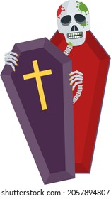 Zombie sceleton climbs out of the coffin. Purple coffin with red lining. The living dead. Halloween character. Flat vector cartoon person on white background.