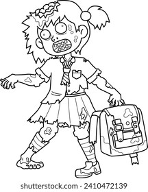 Zombie School Girl Isolated Coloring Page for Kids