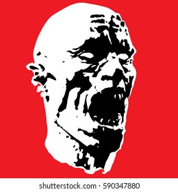 Zombie screams head. Scary monster face distortion. Roaring zombies. States of mind. Negative emotions. Anger, madness, insanity, fury, rage. Horror image on red background. Vector illustration. 