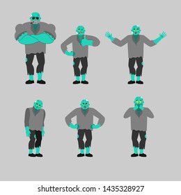 Zombie set poses. Living Dead happy. Undead sleeping and angry. guilty and sad. Vector illustration