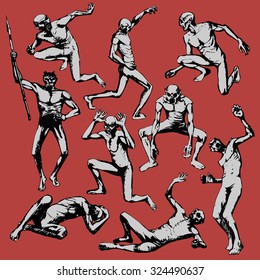 Zombie. Set of zombies in different poses isolated on the red background. Vector illustration. Design elements for Halloween, for tattoo, logo and banners.. 