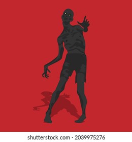 Zombie with shadow isolated on red background for Halloween decorations flat illustration vector.