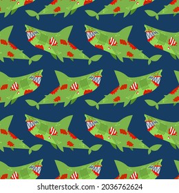 Zombie shark pattern seamless. sea predator is dead background. Green monster fish ornament